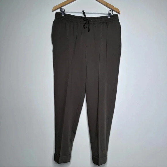 ZARA Olive Green Drawstring Waist Pleated High Rise Pants Size Large - Picture 1 of 10